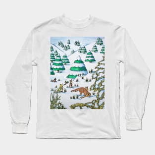 cute fox and rabbits christmas snow scene Long Sleeve T-Shirt